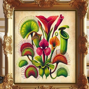 May include: A framed botanical print featuring a vibrant arrangement of carnivorous plants. The artwork showcases a variety of pitcher plants, Venus flytraps, and other exotic flora in shades of red, green, and orange, set against a neutral background, within a gold ornate frame.