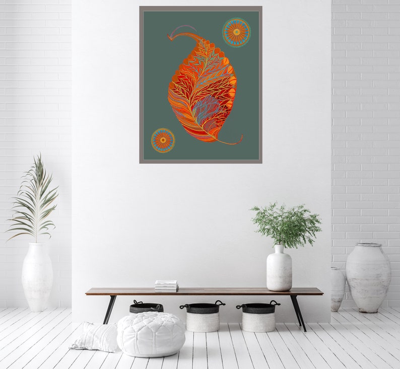 Puede incluir: Una ilustraci&oacute;n digital de una hoja estilizada de color naranja y rojo con detalles intrincados sobre un fondo azul verdoso. La hoja est&aacute; rodeada por dos dise&ntilde;os circulares m&aacute;s peque&ntilde;os en naranja, amarillo y azul.