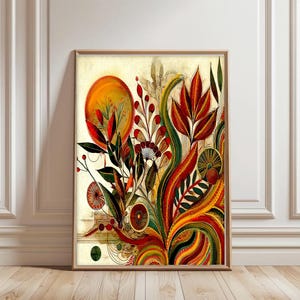 May include: Framed abstract art print featuring a vibrant floral design. The artwork showcases a warm color palette with red, orange, and green hues. The composition includes stylized leaves, flowers, and a sun-like shape, creating a dynamic and colorful botanical theme.