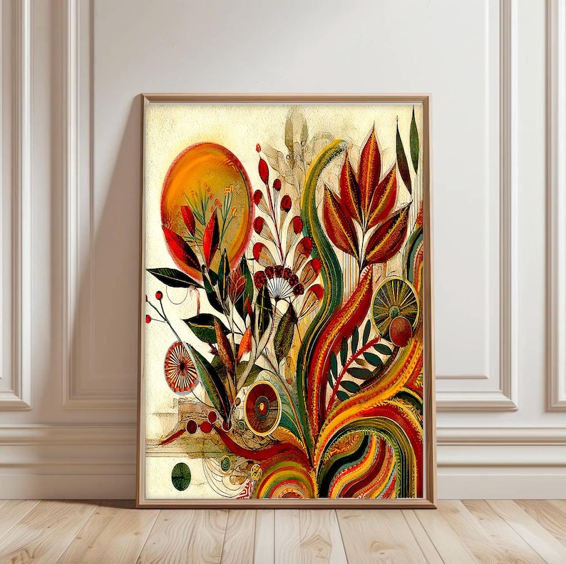 May include: Framed abstract art print featuring a vibrant floral design. The artwork showcases a warm color palette with red, orange, and green hues. The composition includes stylized leaves, flowers, and a sun-like shape, creating a dynamic and colorful botanical theme.