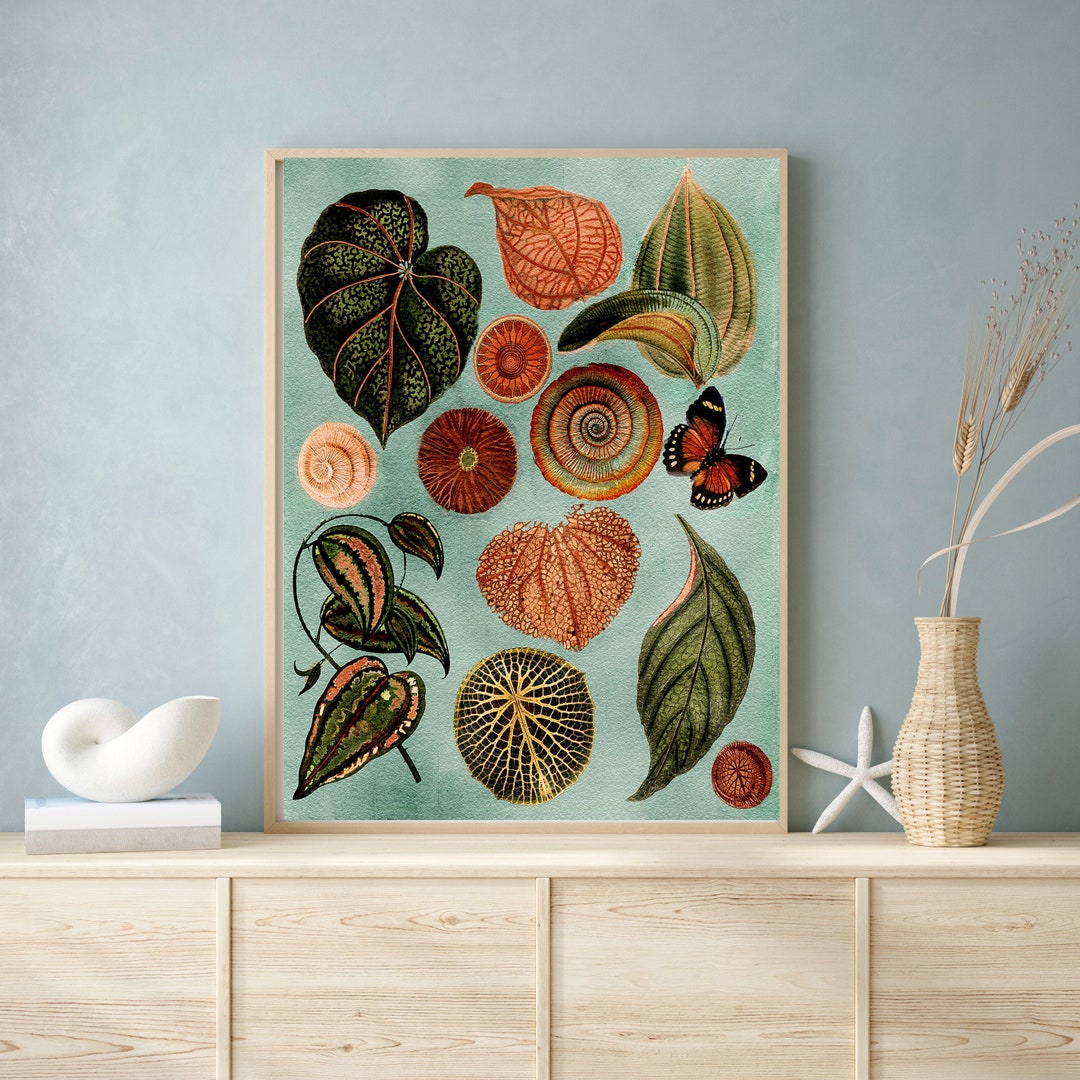 Terracotta & Blue Forest Leaves Painting, Monarch Butterfly Earth Tone