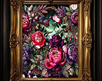 Peony Wall Art Print, Moody Botanical Art, Art Nouveau Floral Decor, Dark Floral Print, Maximalist Flower Art, Vintage Botanical Poster