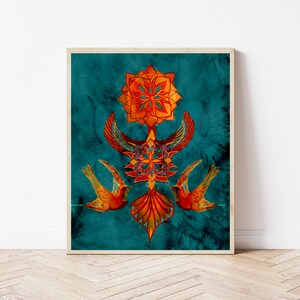 May include: A teal blue background with a symmetrical design of orange and red geometric shapes and two stylised birds with orange and red wings.