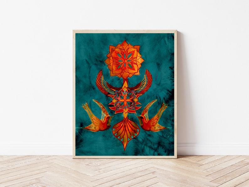 May include: A teal blue background with a symmetrical design of orange and red geometric shapes and two stylised birds with orange and red wings.