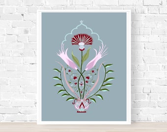 Blue Floral Bouquet Botanical Art Print Wall Decor, Minimalist Flower Wall Art Living Room Wall Hanging, Bohemian 8x10 Art Print, Garden Art