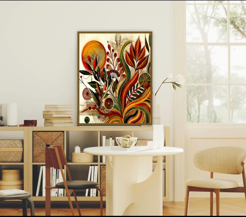 May include: A framed abstract art print featuring a vibrant botanical design. The artwork showcases a warm color palette with orange, red, and green hues. The composition includes stylized flowers, leaves, and a sun-like element.