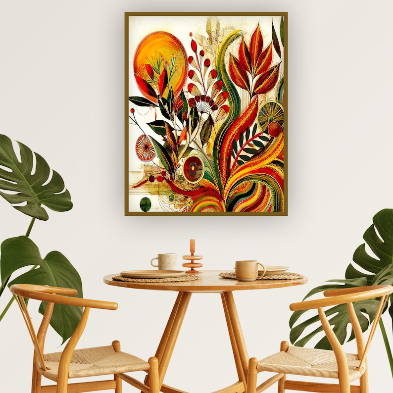 May include: Abstract botanical art print featuring a vibrant array of colors. The artwork showcases stylized flowers, leaves, and a sun-like shape, with a palette of red, yellow, and green. The print is framed in a gold-colored frame.