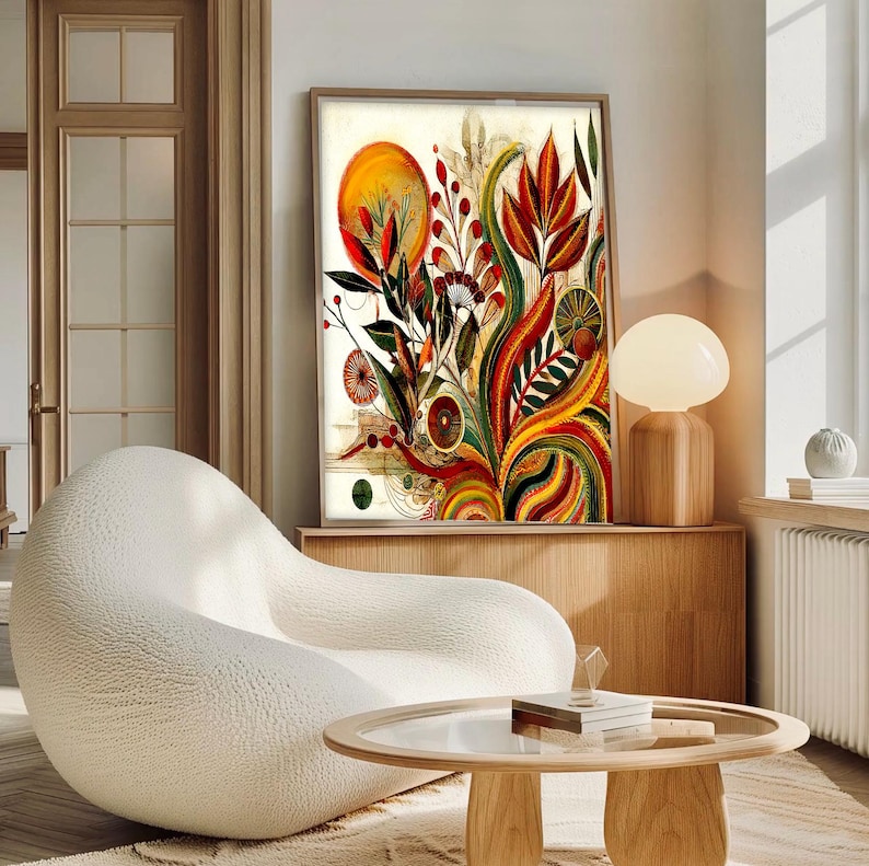 May include: A framed abstract art print featuring a vibrant botanical design. The artwork showcases a mix of red, orange, yellow, and green hues, with a large orange circle and various plant-like shapes. The print is displayed above a wooden cabinet.