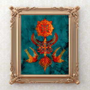 May include: A framed print with a teal background featuring a symmetrical design of two birds with orange and red wings, a central mandala with orange and red accents, and a geometric pattern in orange and red.