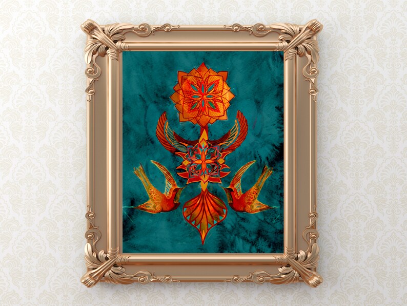 May include: A framed print with a teal background featuring a symmetrical design of two birds with orange and red wings, a central mandala with orange and red accents, and a geometric pattern in orange and red.