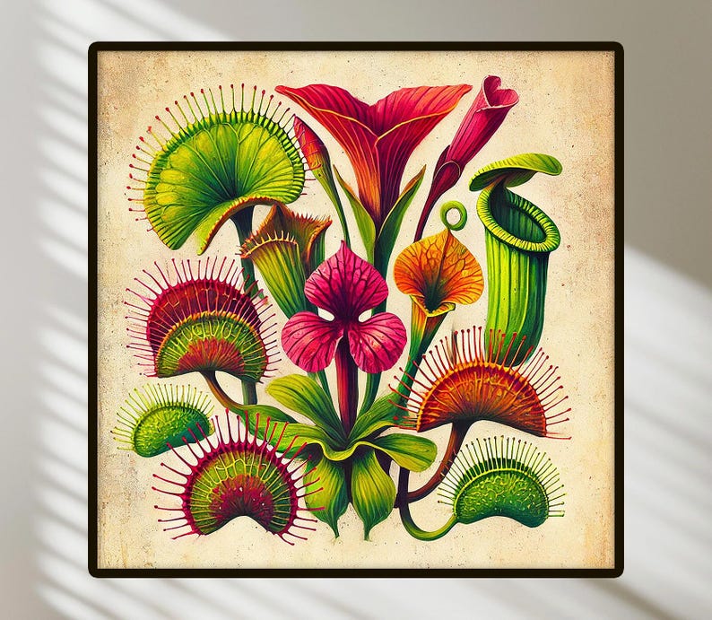 Carnivorous Plant Art, Vibrant Venus Flytrap & Tropical Botanical ...