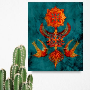 May include: A teal blue background with a geometric design in shades of orange, red, and yellow. Two stylised birds with orange and yellow wings are positioned on either side of the design.