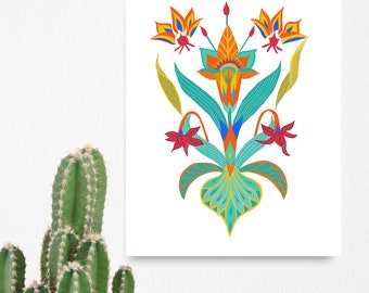 Unique Abstract Modern Botanical Painting, Whimsical Colorful Modern Folk Art Print, Cool Zen Boho Botanical & Mid Century Leaf Line Art