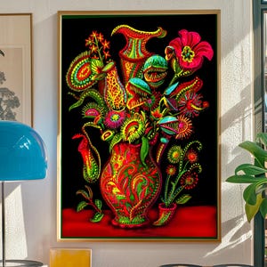 May include: A framed wall art print featuring a vibrant, colorful arrangement of carnivorous plants in a decorative vase against a black background. The illustration displays various pitcher plants and Venus flytraps in neon shades of red, green, and yellow.