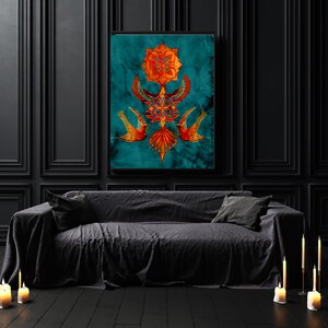 May include: A black sofa with a dark teal framed artwork featuring a geometric design with orange and red accents. The artwork is centred above the sofa and is surrounded by black walls.