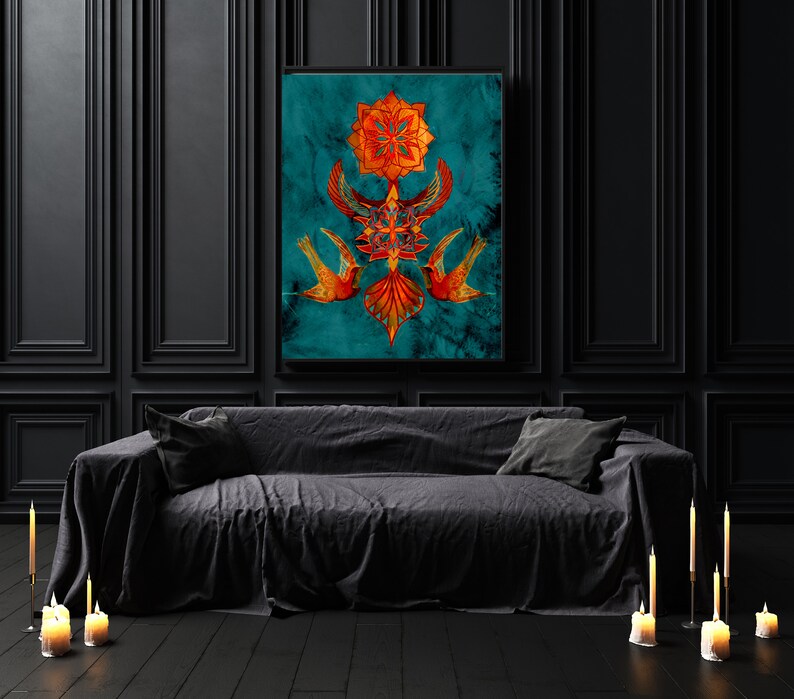 May include: A black sofa with a dark teal framed artwork featuring a geometric design with orange and red accents. The artwork is centred above the sofa and is surrounded by black walls.