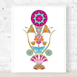 Impression d'art floral mandala zen botanique, affiche de la géométrie sacrée, couleurs vives, art populaire moderne, peinture florale cosmique abstraite, impression néon