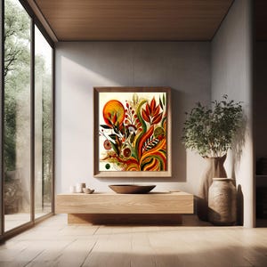 May include: A framed abstract art print featuring a vibrant floral design in shades of red, orange, yellow, and green. The artwork includes a large orange sun and various plant-like shapes. The print is displayed in a light wood frame.