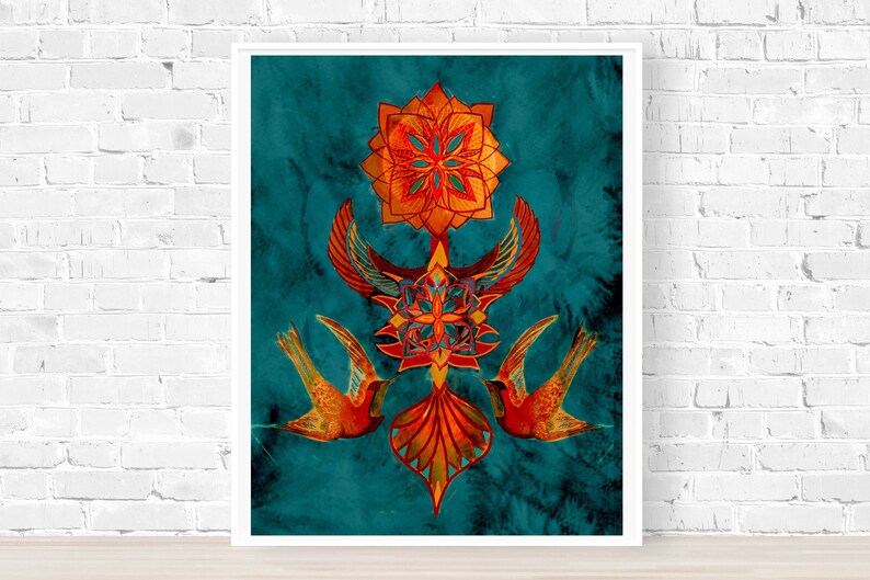 May include: A teal blue background with a symmetrical design featuring two orange birds with outstretched wings, a central orange geometric shape, and a red and orange geometric design at the bottom.
