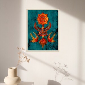 May include: A digital art print featuring a geometric mandala design with two birds in flight. The mandala is in shades of orange and red, and the birds are a deep red colour. The background is a teal blue.