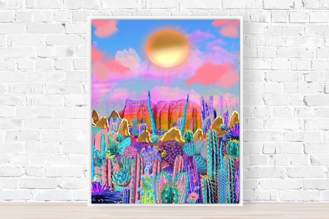 Prickly Pear Cactus Art Print, Rainbow Cactus Art, Desert Landscape ...