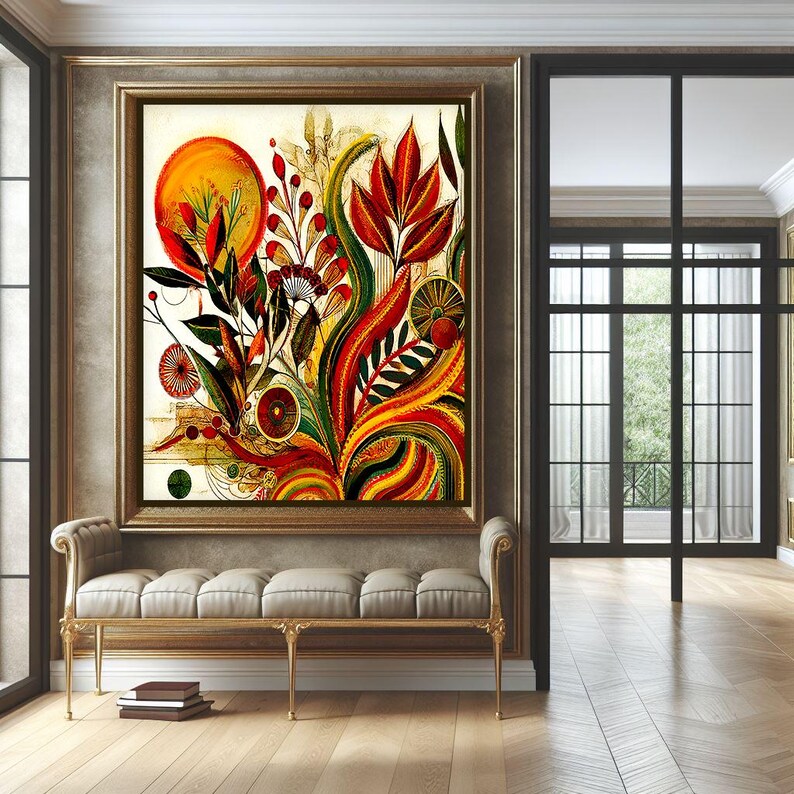 May include: An abstract floral painting in a gold frame. The artwork features a vibrant mix of red, orange, yellow, and green hues, depicting stylized leaves, flowers, and a sun-like shape. The painting is displayed above a cushioned bench.