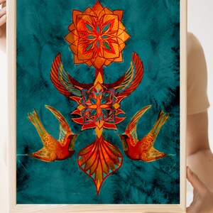May include: A teal blue background with a symmetrical design featuring two red birds with orange and yellow wings, a central orange mandala, and a red and gold geometric design.