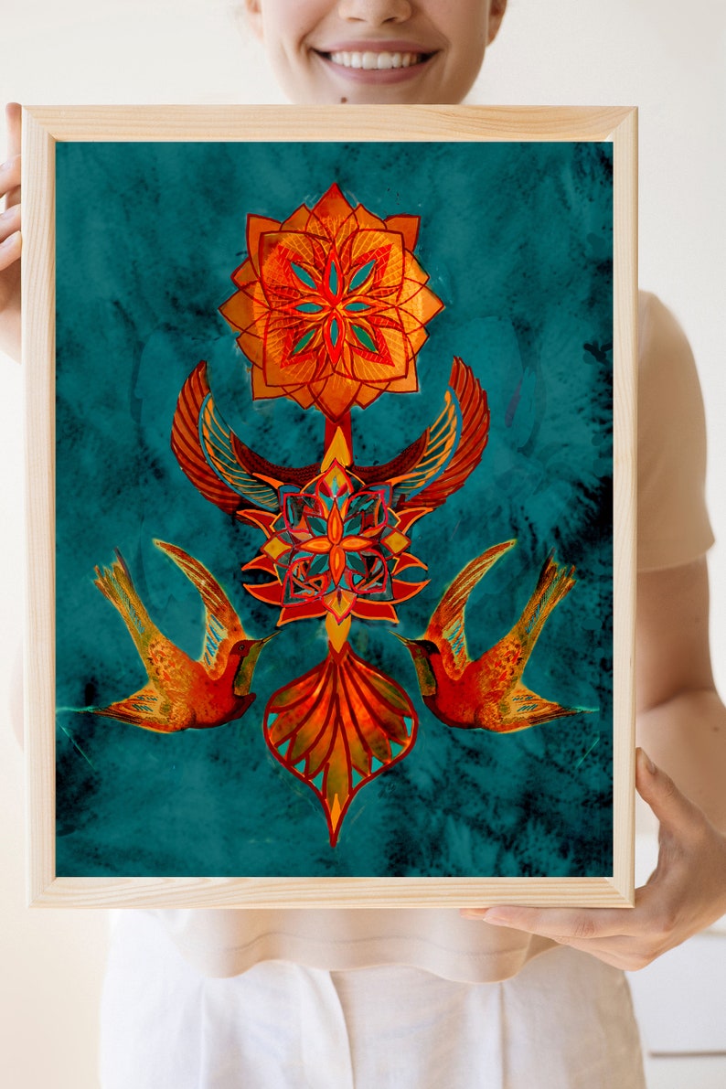 May include: A teal blue background with a symmetrical design featuring two red birds with orange and yellow wings, a central orange mandala, and a red and gold geometric design.