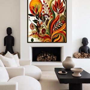 May include: An abstract floral painting in a black frame, featuring vibrant red, orange, and green hues. The artwork includes stylized leaves, circular shapes, and a large yellow sun-like element. The painting hangs above a fireplace in a modern living room.
