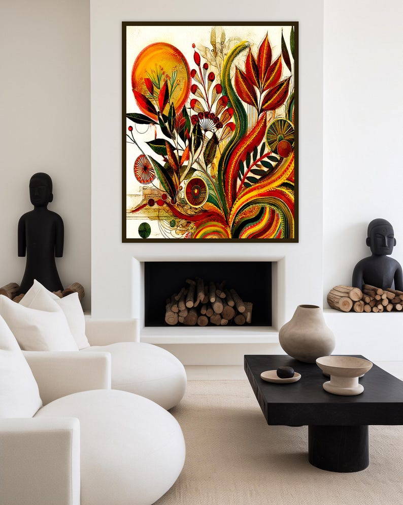 May include: An abstract floral painting in a black frame, featuring vibrant red, orange, and green hues. The artwork includes stylized leaves, circular shapes, and a large yellow sun-like element. The painting hangs above a fireplace in a modern living room.