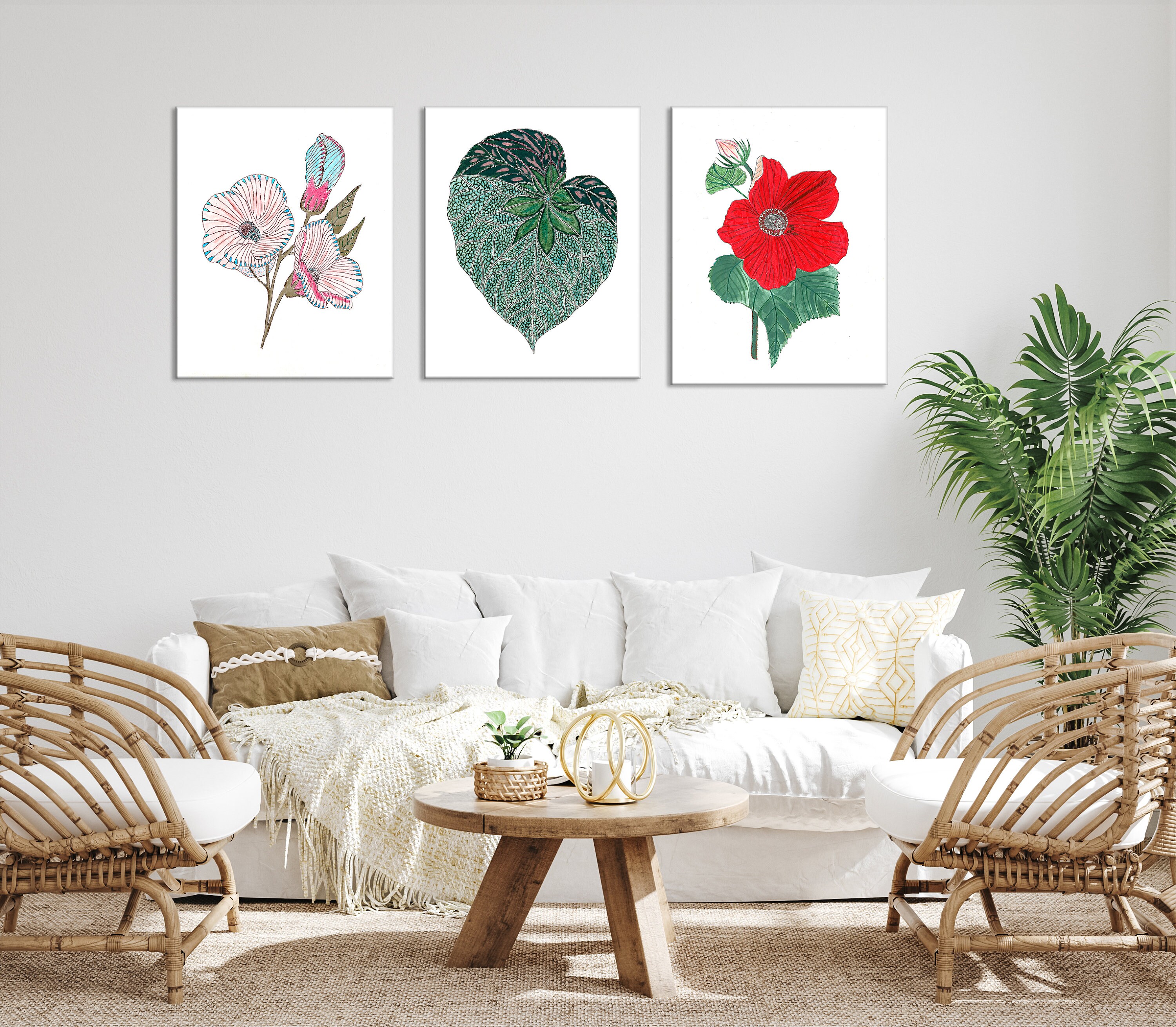 Colorful Botanical 3 Piece Wall Art, Floral Triptych Art Set, Set of 3 ...