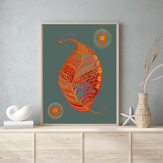 Unique Leaf Art Print, Unusual Art, Outsider Art, Skeleton Leaf Painting, Neon Abstract Art, Botanical Line Art, Funky Prints, Zentangle Art