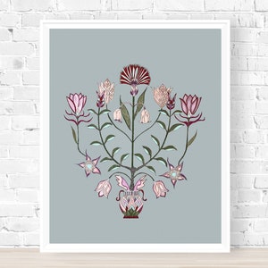 Blue Floral Bouquet Botanical Art Print Wall Decor, Minimal Flower Wall Art Living Room Wall Hanging, Bohemian 8x10 Art Print