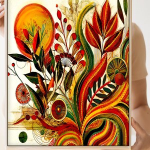 May include: Abstract floral art print in a wooden frame. The artwork features a vibrant mix of colors, including red, yellow, green, and orange. The design includes stylized leaves, berries, and a sun-like shape, creating a dynamic and colorful composition.