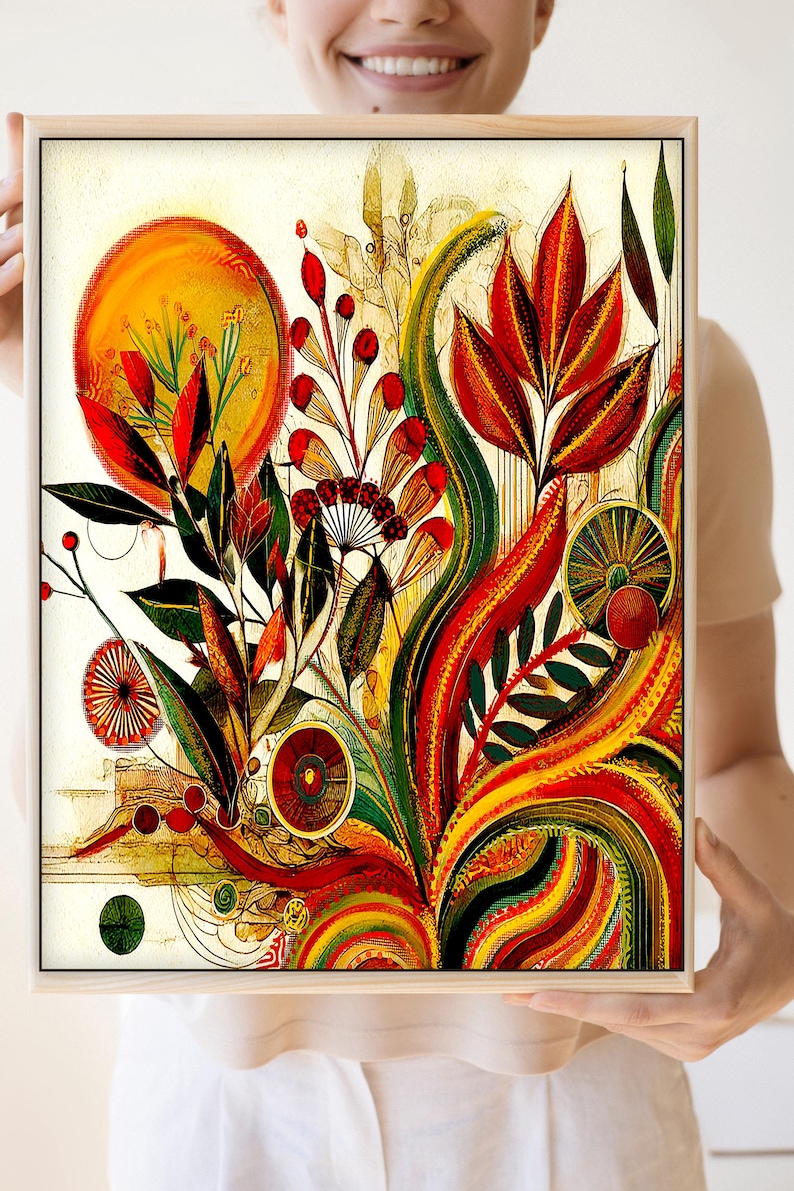 May include: Abstract floral art print in a wooden frame. The artwork features a vibrant mix of colors, including red, yellow, green, and orange. The design includes stylized leaves, berries, and a sun-like shape, creating a dynamic and colorful composition.