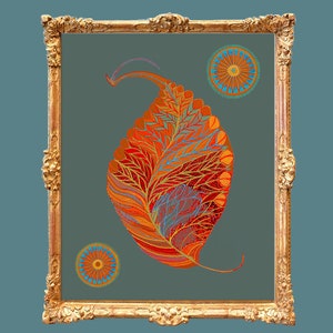 Puede incluir: Una ilustraci&oacute;n enmarcada de una hoja estilizada con detalles intrincados en tonos de naranja, rojo y azul. La hoja est&aacute; rodeada por dos dise&ntilde;os circulares m&aacute;s peque&ntilde;os con colores y patrones similares.