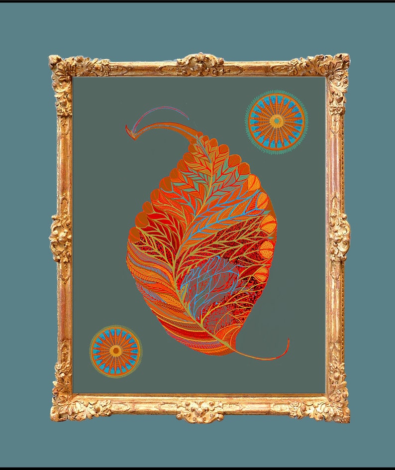 Puede incluir: Una ilustraci&oacute;n enmarcada de una hoja estilizada con detalles intrincados en tonos de naranja, rojo y azul. La hoja est&aacute; rodeada por dos dise&ntilde;os circulares m&aacute;s peque&ntilde;os con colores y patrones similares.