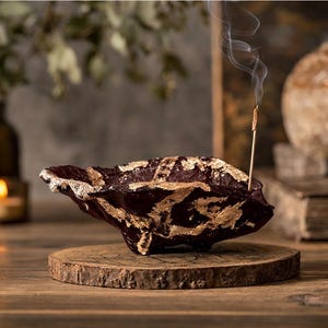 Handmade Gold Leaf Incense Burner Sculpture on Carved Wood Tray – Luxury Ceramic Incense Holder, Functional Art Object