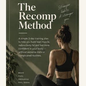 May include: A poster titled The Recomp Method featuring a 10-12 week transformation program. It includes text about a 3-day training plan, the phrases Stronger habits. A stronger you., MOVE FUEL PROGRESS FEEL GOOD, and 3 DAYS/WEEK, 10-12 WEEK PLAN, 16 CORE LIFTS.