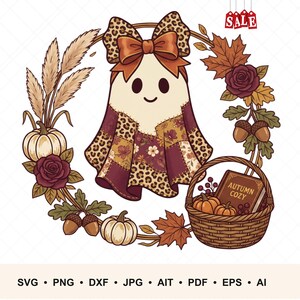 May include: A digital illustration of a ghost wearing a leopard print bow, surrounded by a wreath of wheat, pumpkins, acorns, and roses. A woven basket contains two small pumpkins and a book titled AUTUMN COZY. A red SALE tag hangs above.
