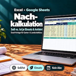 Könnte beinhalten: Ein Laptop mit einer Excel-Tabelle namens Nachkalkulation, die Spalten für Soll- und Ist-Daten enthält. Der Bildschirm zeigt Finanzzeilen für Gartenbauprojekte. Unter dem Bildschirm befinden sich drei Schaltflächen mit Soll/Ist, Einsatz und Kein Abo.