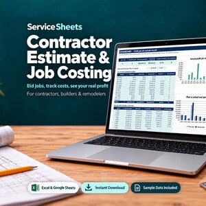 Kostenraming aannemer & kostenberekening spreadsheet | Bouwofferte sjabloon, budget versus werkelijke kosten, Excel en Google Sheets
