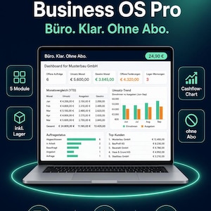 May include: A laptop screen displays the ServiceSheets Business OS Pro dashboard, featuring financial data, a monthly comparison table, a cashflow chart, and a top customers list. The interface includes text like Büro. Klar. Ohne Abo. and 5 Module.