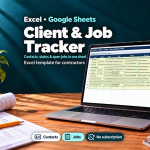 Könnte beinhalten: Ein Laptop mit einer Excel- und Google Sheets-Vorlage zur Kunden- und Auftragsverfolgung für Auftragnehmer. Der Bildschirm zeigt eine Tabelle mit Spalten für Namen, Firmen, Telefonnummern, E-Mails, Adressen, Jobnotizen, Status und Kontakt.