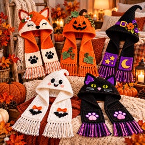 May include: Five crocheted hooded scarves featuring seasonal designs: an orange fox, a jack-o'-lantern, a black witch hat, a white ghost, and a black cat. Each scarf includes long ends with fringe, decorative appliques, and integrated pockets.