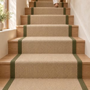May include: A stair runner featuring a tan herringbone pattern with solid dark green borders on each side. The runner is installed on wooden stairs, covering the center of each step and extending upwards to the top of the staircase.