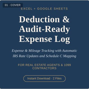 Könnte beinhalten: Ein dunkelblaues digitales Deckblatt für ein Excel- und Google Sheets-Spesenprotokoll. Der Text lautet Deduction & Audit-Ready Expense Log, Expense & Mileage Tracking with Automatic IRS Rate Updates und Schedule C Mapping.
