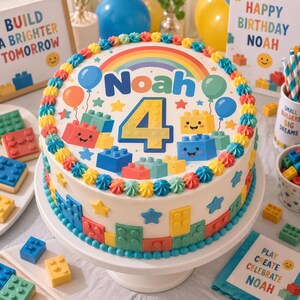 Könnte beinhalten: Ein runder Geburtstagskuchen mit weißer Glasur, verziert mit bunten Bausteinformen, einem Regenbogen und dem Text Noah 4. Der obere Rand und die Basis sind mit kleinen, leuchtend blauen, gelben, roten und grünen Spritzglasur-Tupfen verziert.