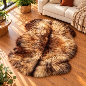 Brown Sheepskin Rug, Natural Wool Fur, Fluffy Area Covering, Vintage Living Room Decor, Irregular Shape, Cozy Accent, Rustic Home Style
