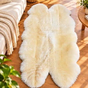 Cream Beige Sheepskin Rug, Fluffy Natural Wool Area Rug, Fur Floor Covering, Irregular Shaped Living Room Decor